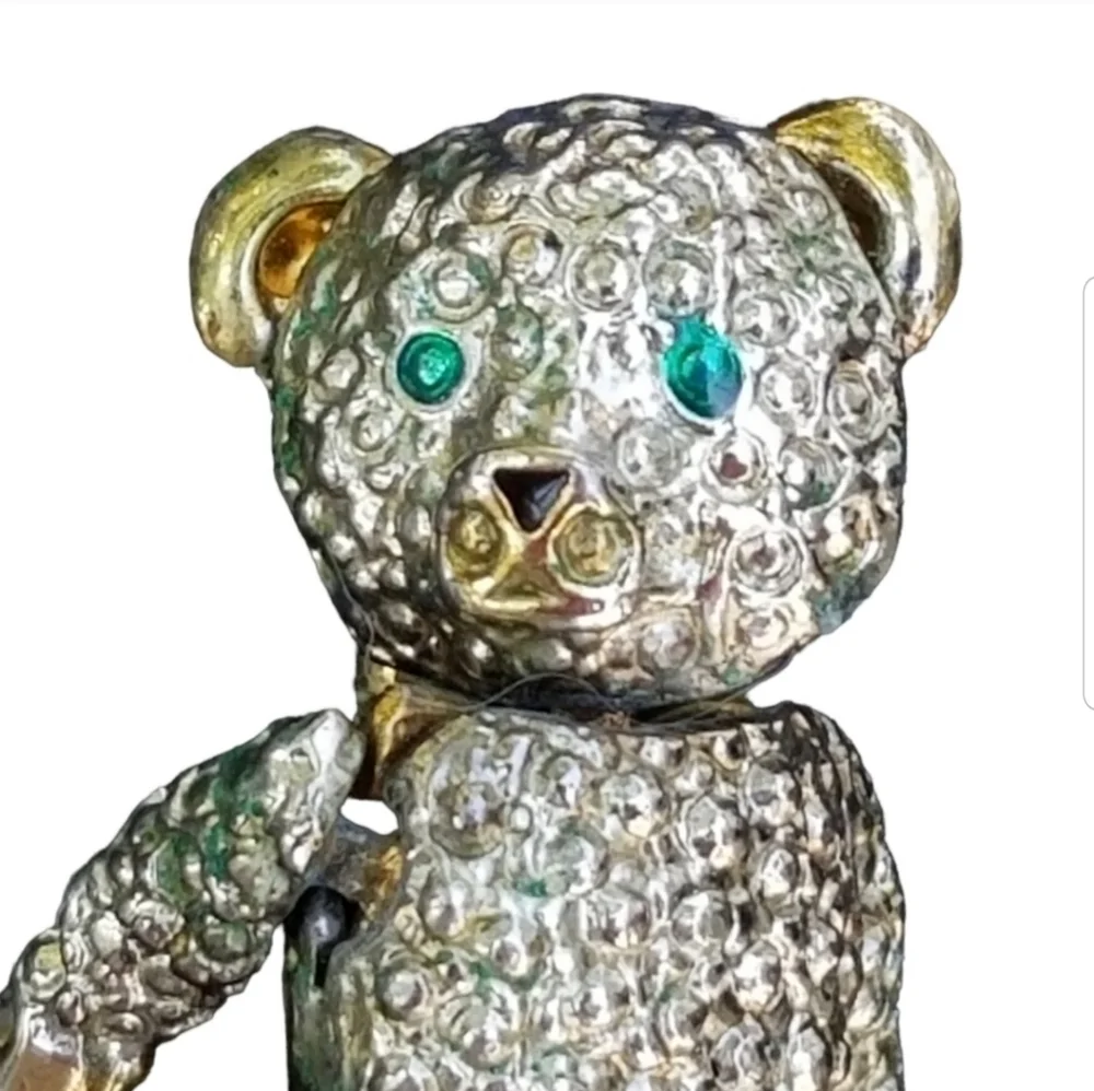 VINTAGE GOLD & SILVERTONED ARTICULATED TEDDY BEAR BROOCH/ PENDANT
